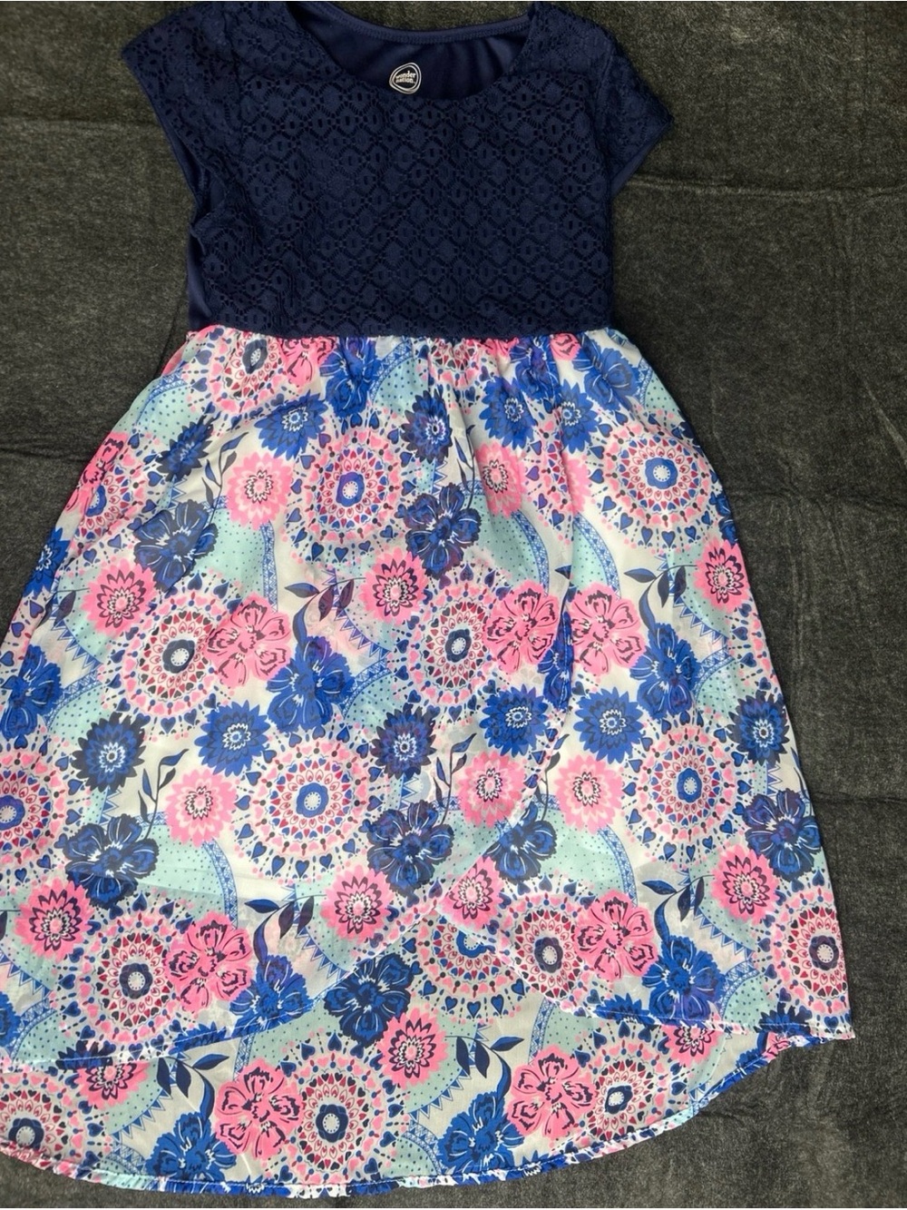 wonder nation Navy Lace Top with Pink & Blue Floral Skirt Girls' Dress